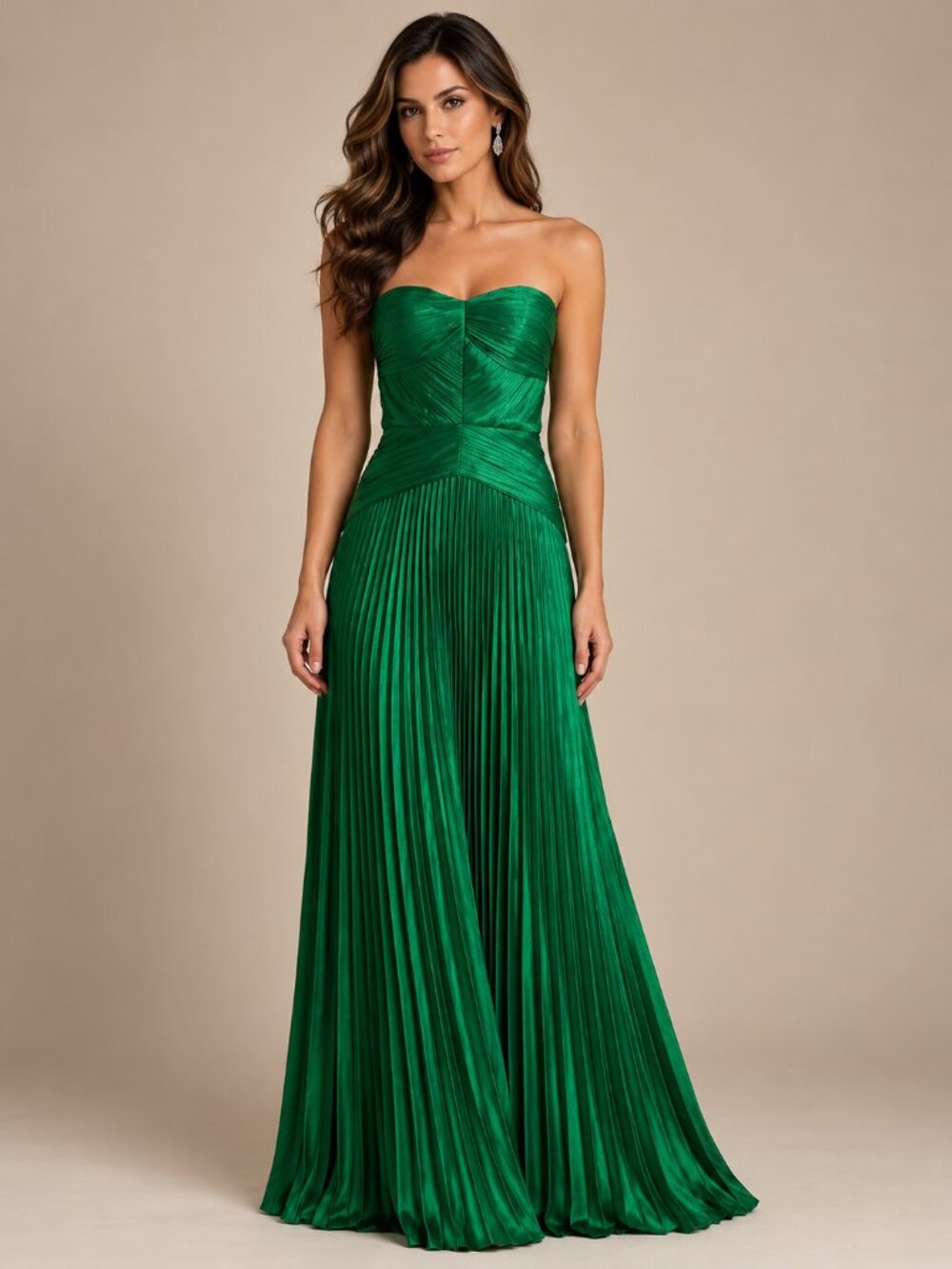 Strapless Sweetheart Pleated Metallic Green Maxi Evening Dress